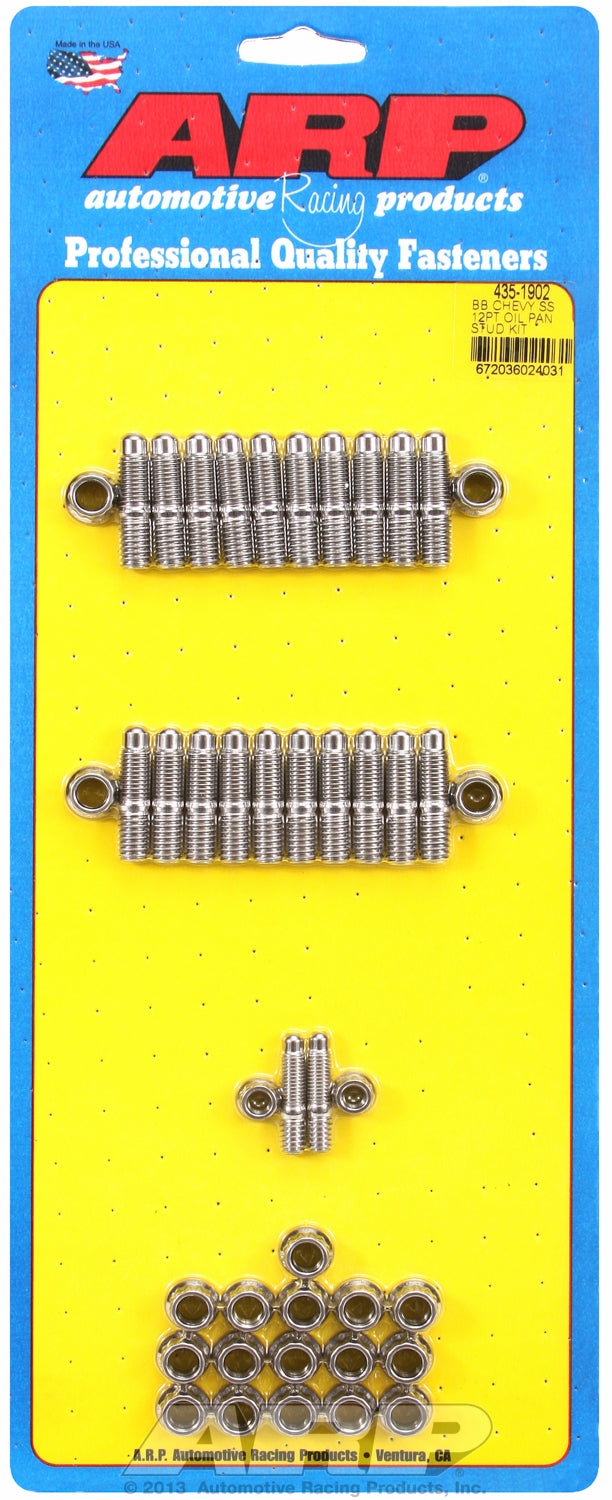 12-Pt Head Stainless Oil Pan Stud Kit for Chevrolet 396-454 cid (w/ standard 2-pc. cork gasket)