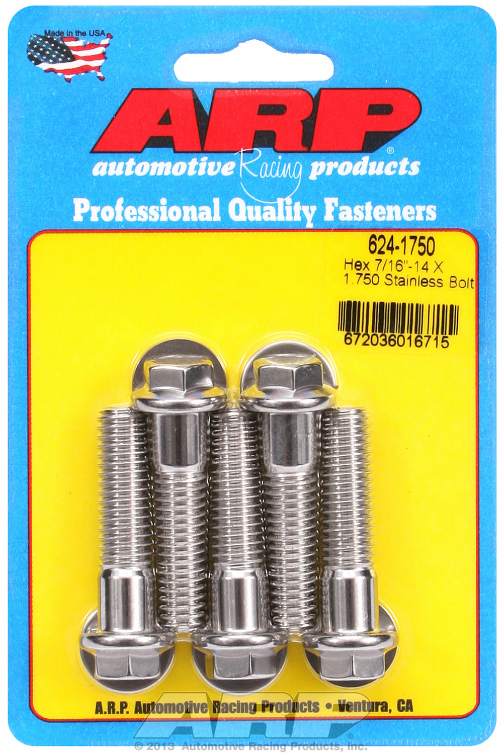 7/16-14 X 1.750 hex 1/2 wrenching SS bolts