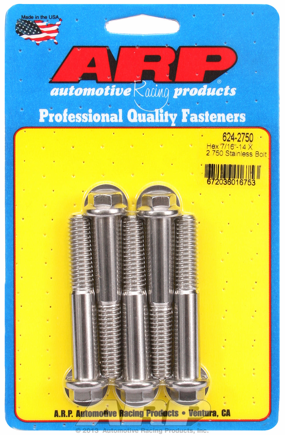 7/16-14 X 2.750 hex 1/2 wrenching SS bolts