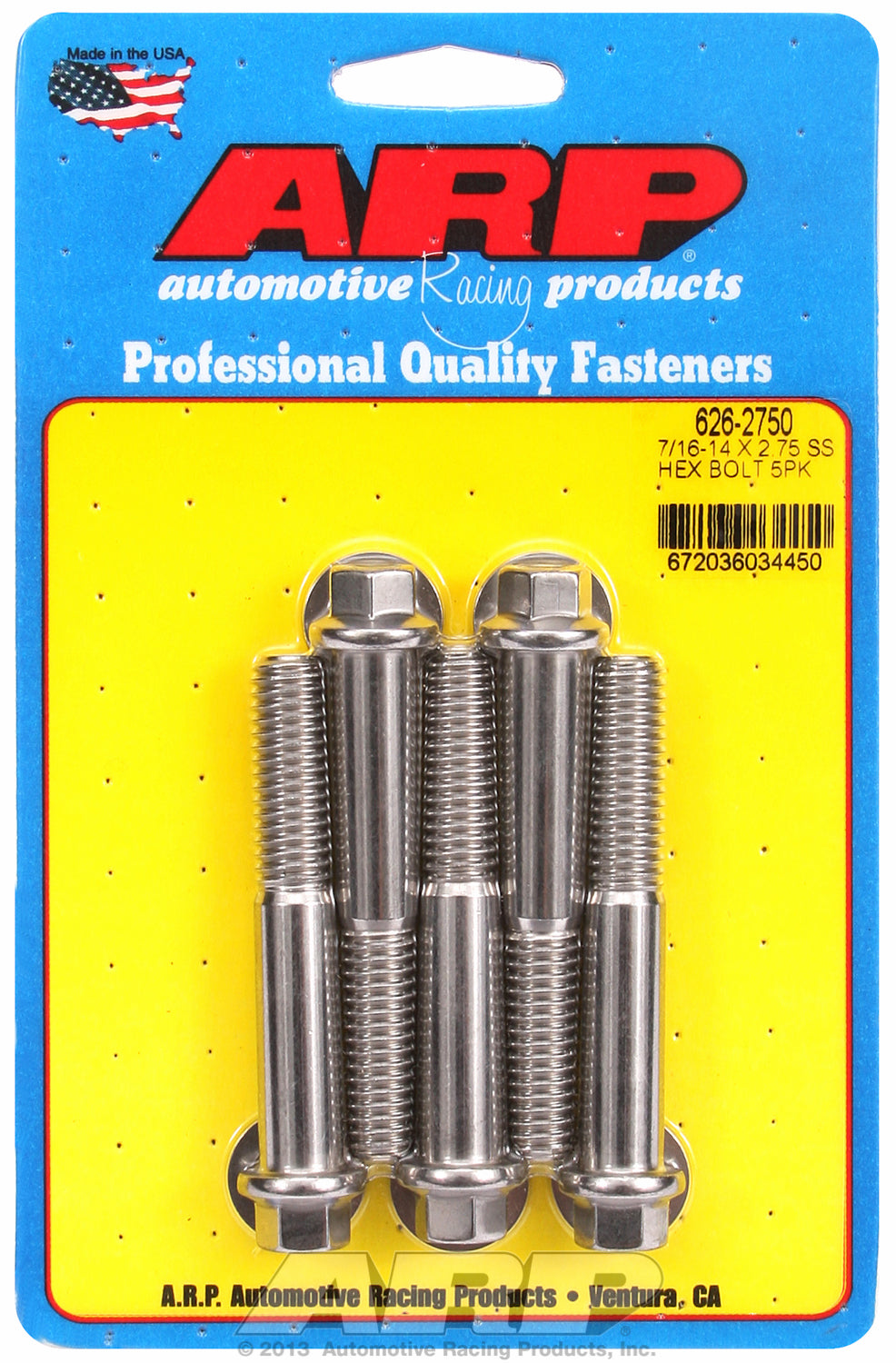 7/16-14 X 2.750 hex SS bolts